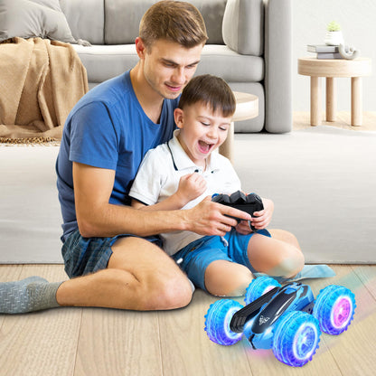 KKONES Remote Control Car, 2.4GHz Double Sided 360° Flips Rotating Electric Race RC Stunt Car, LED Wheel & Headlight High Speed Off Road Cars Toy Gift for 3 4 5 6 7 8-12 Year Old Boy Toys (Blue)