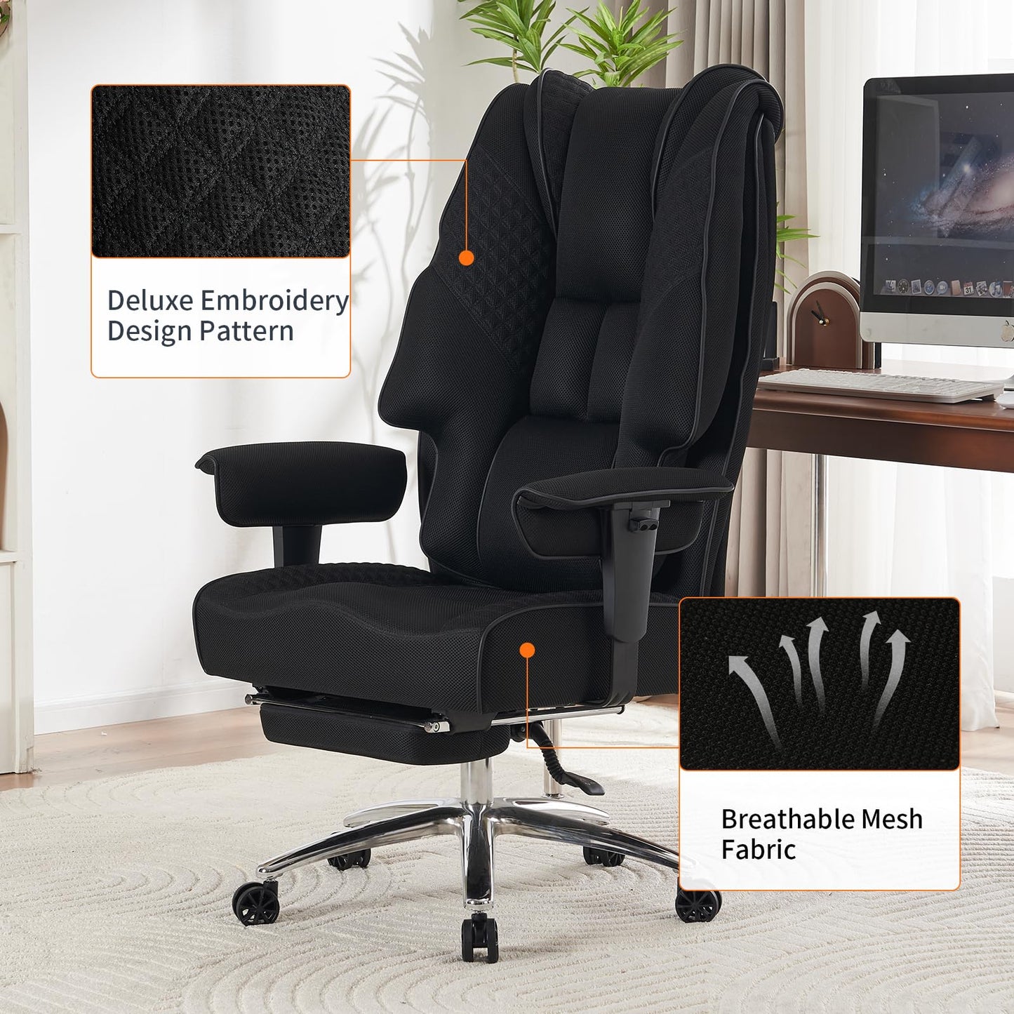 EXCEBET Big and Tall Office Chair 400lbs Wide Seat, Leather High Back Executive Office Chair with Foot Rest, Ergonomic Chairs Lumbar Support for Lower Back Pain Relief (Mesh Black)