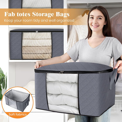 Fab totes 6 Pack Clothes Storage, Foldable Thick Fabric Blanket Storage Bags, Containers for Organizing Bedroom, Closet, Clothing, Comforter,Closet Organization with Handle,Grey