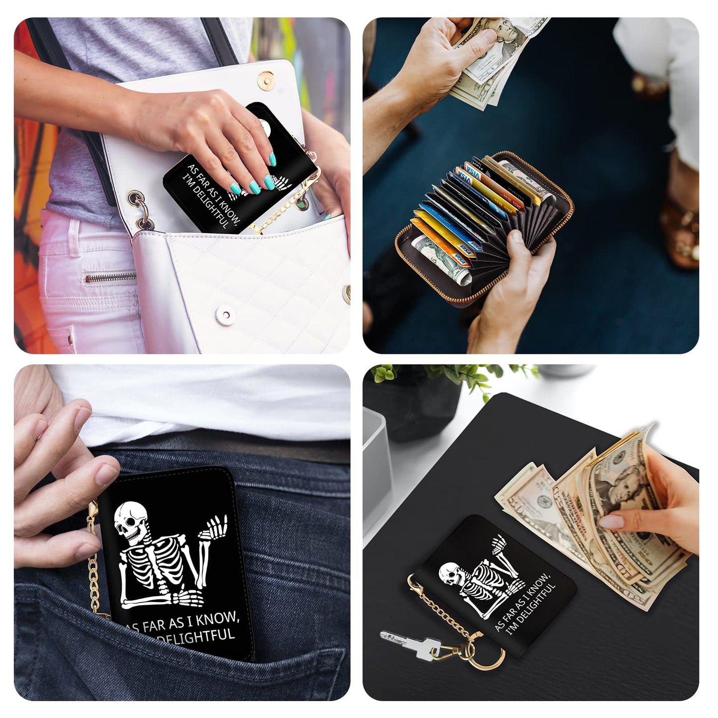 Credit Card Holder RFID Wallet, Funny Skeleton Card Holder Wallet for Women with Keychain Zipper, Small Gothic Leather Print Credit Card Wallets Accordion Gift
