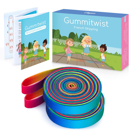 Cikyner Chinese Jump Rope, 2 Pack 4m Long 1.5cm Wide Elastic Chinese Ropes with Instructions French Skipping Rainbow Band for Children Jumpsies Games Indoors and Outdoors, Ideal for Gifts for Kids