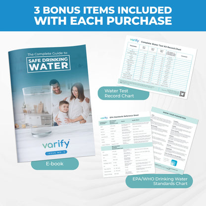 Varify 17in1 Complete Drinking Water Test Kit - 100 Strips + 2 Bacteria Tester Kits - Well, Tap, Home, City Water Testing Strip for Lead, Alkaline, Chlorine, Hardness, Iron, Fluoride, Copper & More
