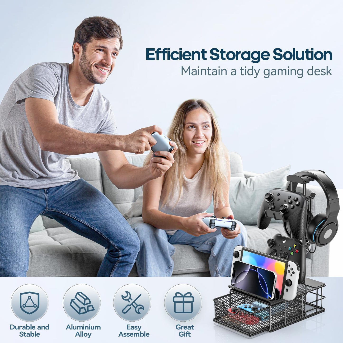 KDD Headphone Stand with Drawer - Headset & Controller Holder for Desk - Aluminum Supporting Bar Earphone Stand with Cable Organizer - Universal Gaming PC Accessories Storage