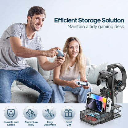 KDD Headphone Stand with Drawer - Headset & Controller Holder for Desk - Aluminum Supporting Bar Earphone Stand with Cable Organizer - Universal Gaming PC Accessories Storage