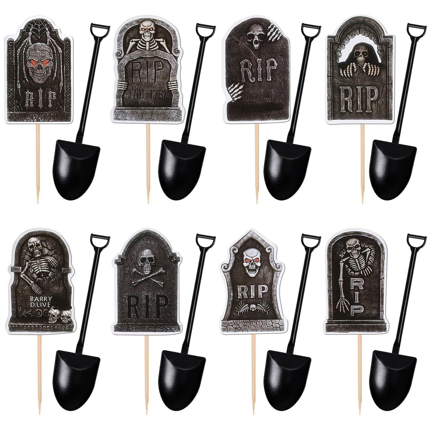 48 PCS Halloween Cupcake Toppers Tombstone Cupcake Picks Novelty Mini Shovel Spoons Horrible Gravestone Skeleton Cupcake Decorations for Halloween Theme Birthday Party Cake Decorations Supplies