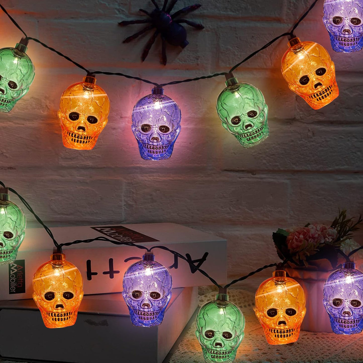 GOOTHY Halloween Skull String Lights 8.5Ft Outdoor Halloween Decorations Lights with 10 LED Orange Purple Green Skeleton Light, Plug in Skeleton Lights for Indoor Party Window Patio Bedroom Decor