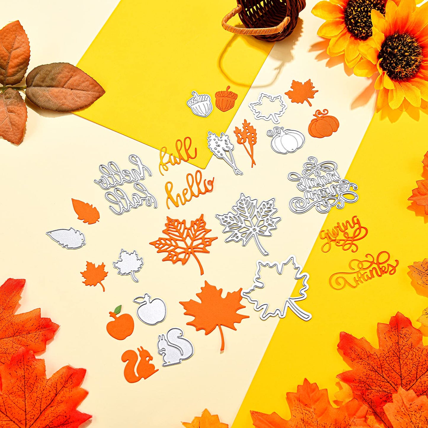 12 Pieces Thanksgiving Metal Cutting Dies Maple Leaf Metal Die Cuts Fall Leaves Thanksgiving Word Cuts Stencils for Fall DIY Scrapbooking Card Making Craft Decorations