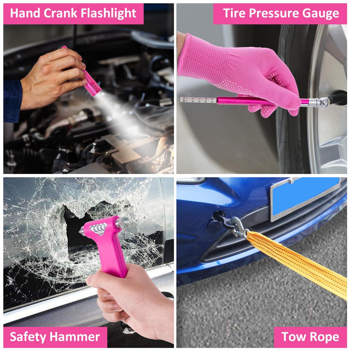 HLWDFLZ Car Roadside Emergency Kit - Pink Roadside Assistance Emergency Kit with Jumper Cables, Auto Tool Set, Deer Whistles, Winter Car Safety Roadside Assist Kit for Teen Girl and Ladies