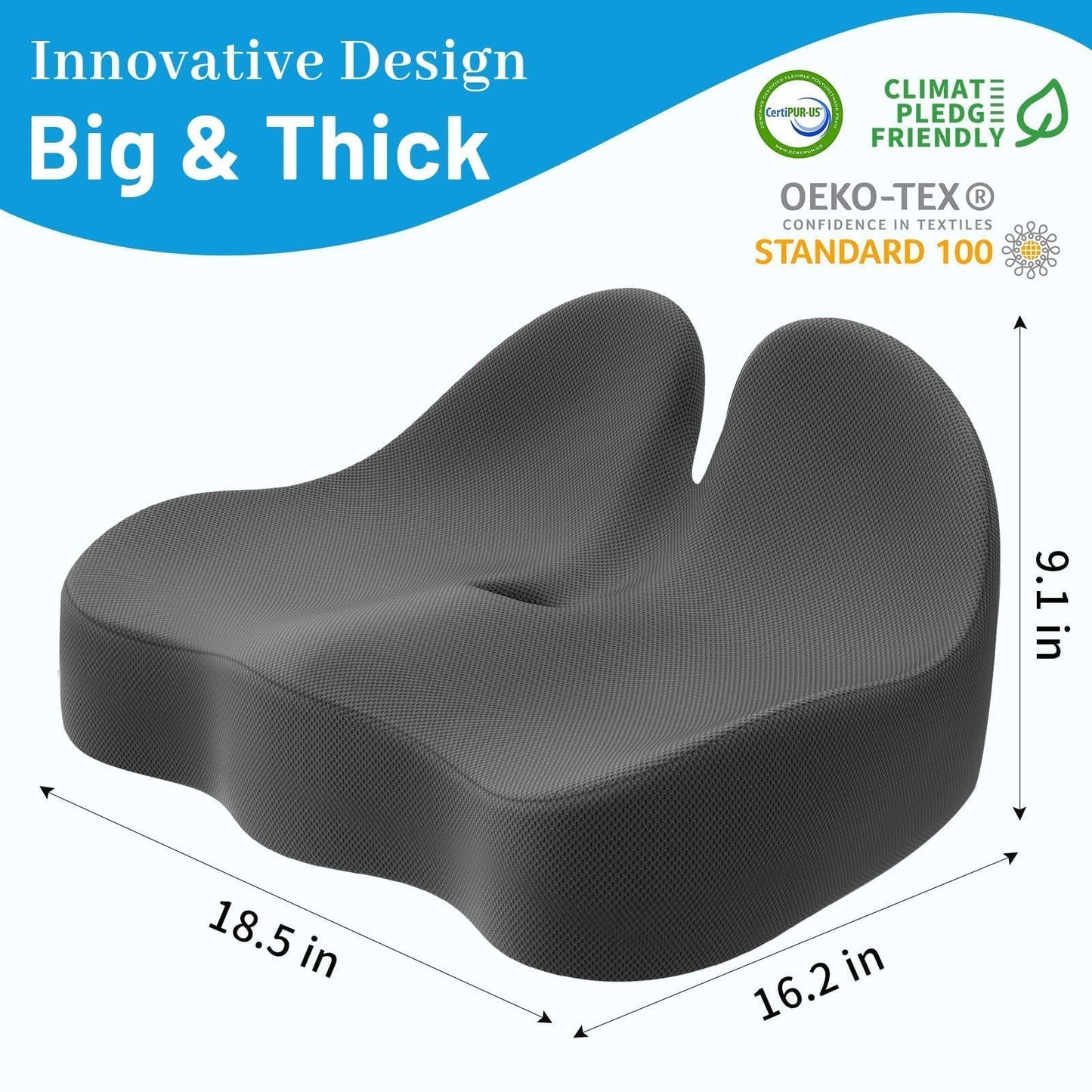 Cushzone Seat Cushion, Memory Foam Office Chair Cushions, Ergonomic Curved Design for Sciatica, Tailbone, Coccyx, Seat Support for Car, Desk Chair, Wheelchair, Enhances Long Sitting Comfort (Grey)