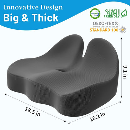 Cushzone Seat Cushion, Memory Foam Office Chair Cushions, Ergonomic Curved Design for Sciatica, Tailbone, Coccyx, Seat Support for Car, Desk Chair, Wheelchair, Enhances Long Sitting Comfort (Grey)