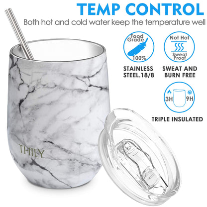 THILY Stainless Steel Stemless Wine Glasses 12 oz Vacuum Insulated Wine Tumbler with Lid and Straw, Reusable, Keep Cold & Hot for Drinks, Coffee, Cocktails, 2 Pack(Teal + Marble)
