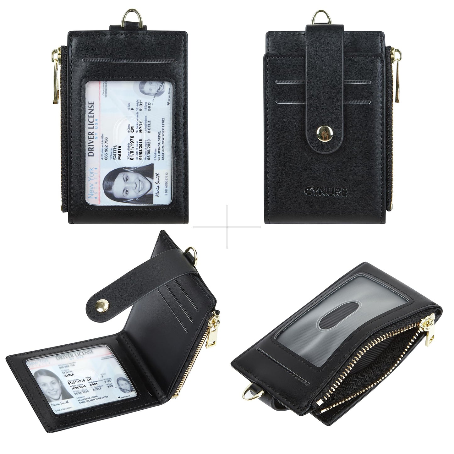 Cynure Women & Men Leather RFID Blocking Card Holder Slim Small Zipper Keychain Front Pocket Wallet with 2 ID Window, 1-plain black