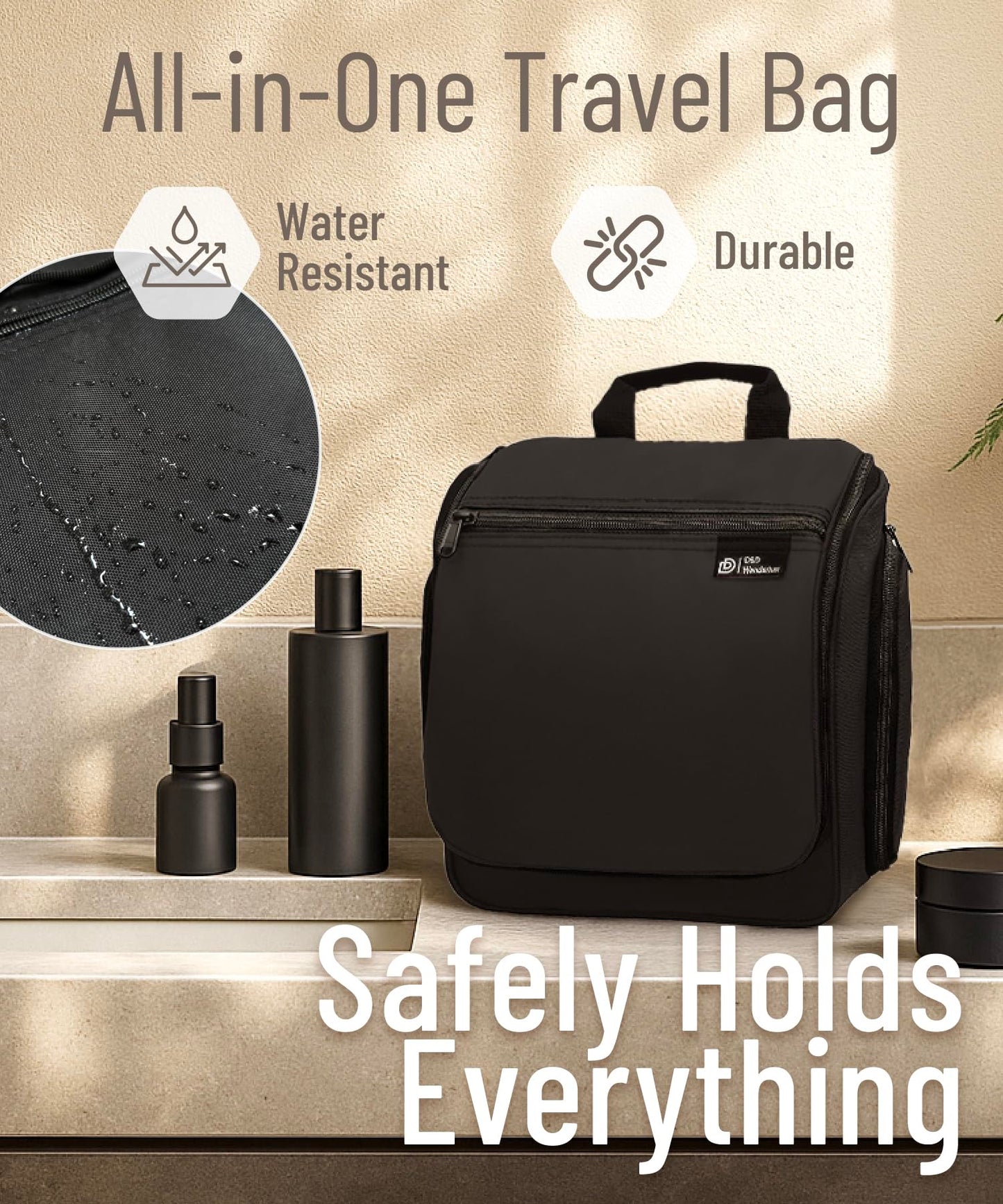 D&D Hanging Travel Toiletry Bag for Men and Women – Cosmetics, Makeup and Toiletries Organizer Kit with 10 Compartments, YKK Zippers, XXL Metal Swivel Hook, Water-Resistant Nylon