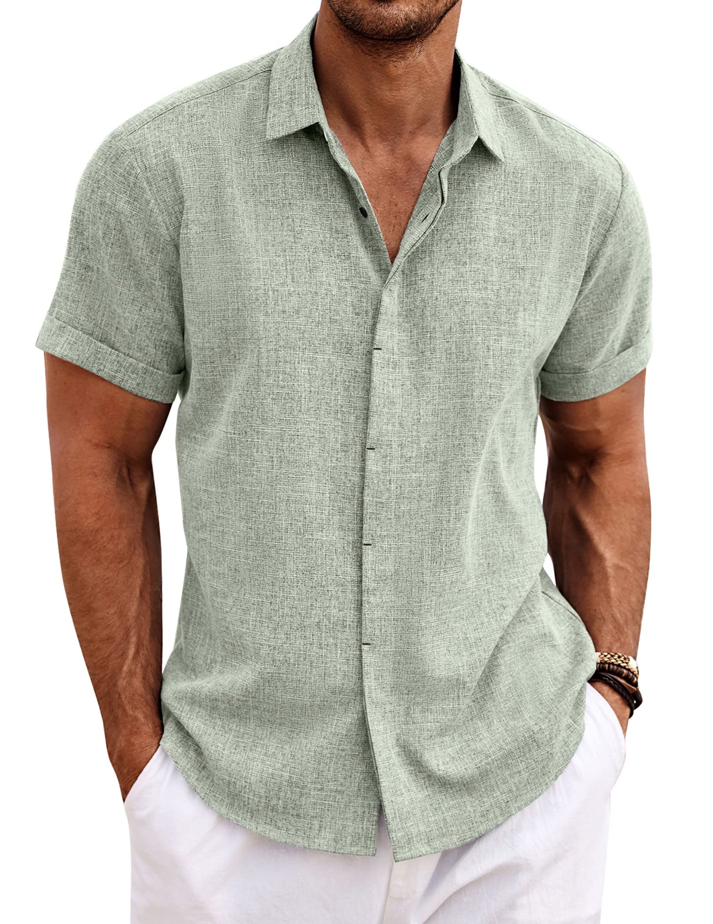 COOFANDY Men's Casual Shirts Button Up Shirt Linen Summer Beach Outfit Yoga Tee Light Green Large