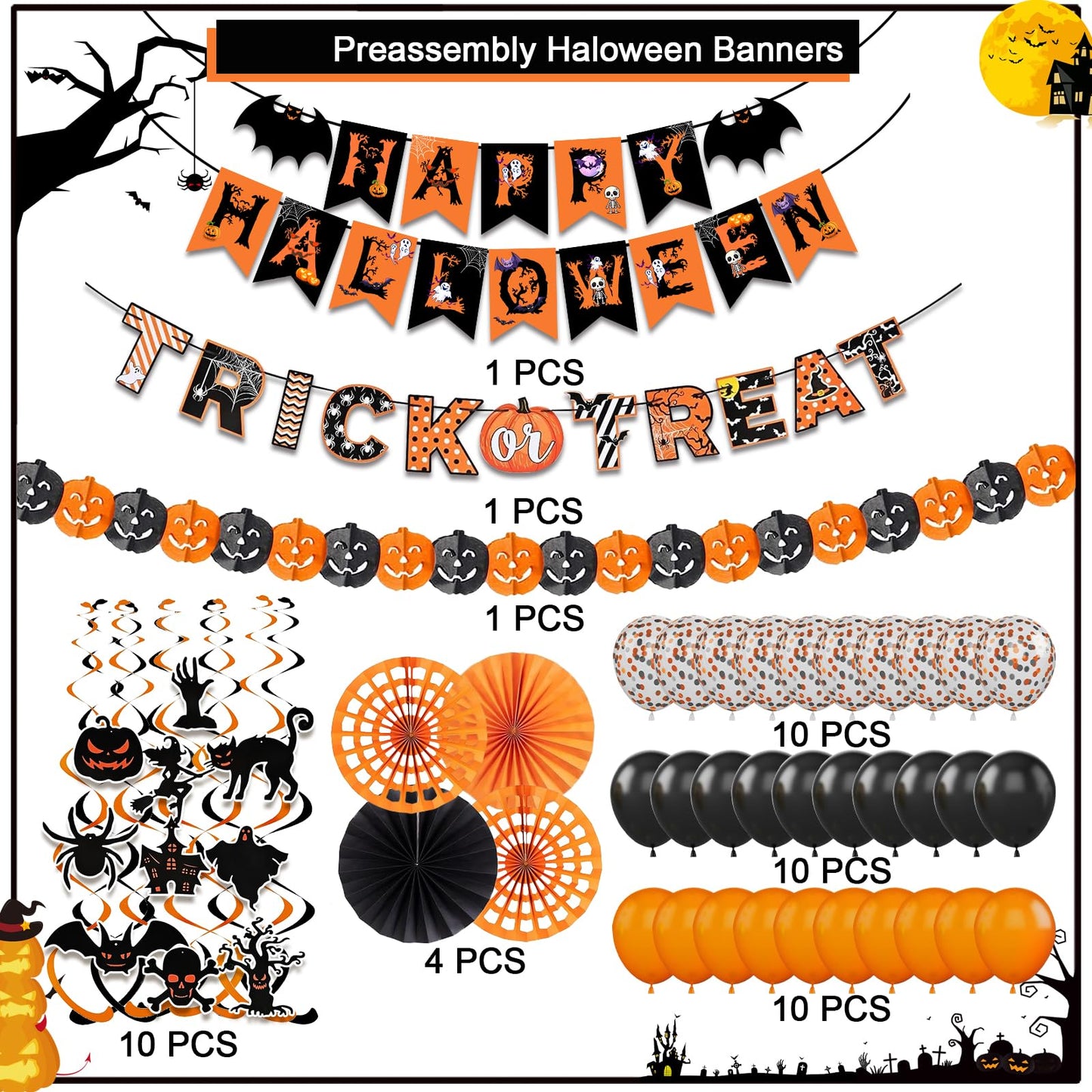Happy Halloween Trick or Treat Banner Paper Fan Balloons & Swirl Streamers Goul Bat Cat Bird Ghost Pumpkin Lantern for Party Decorations