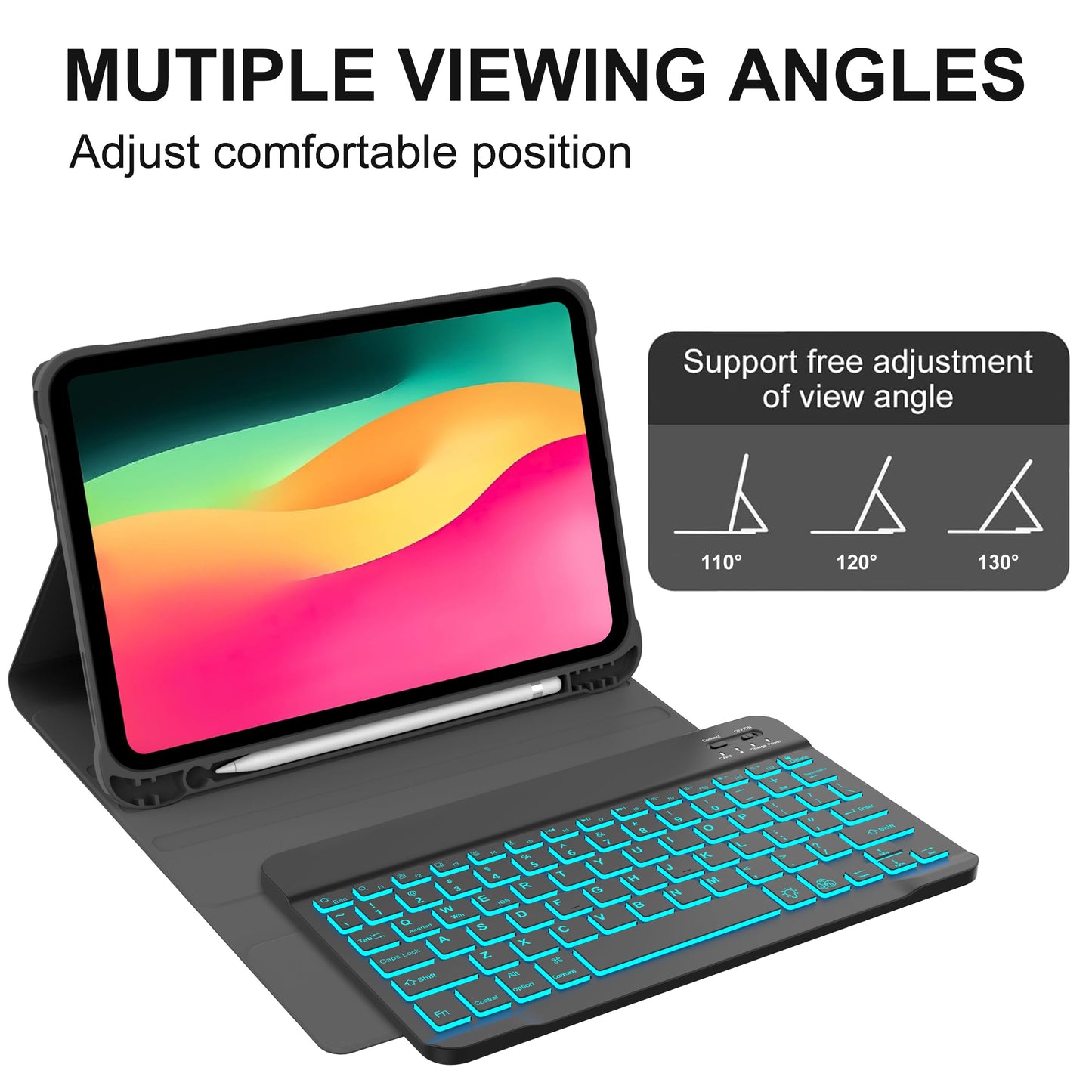 KVAGO for iPad 11th 10th Generation Case with Keyboard, 7 Color Backlit Wireless Detachable Keyboard, Folio Keyboard Cover with Pencil Holder for iPad 11 inch A16 2025 10th Gen 10.9 Inch 2022 (Black)