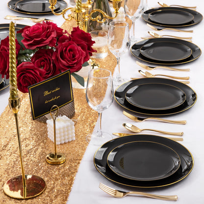 KIRE 100PCS Black and Gold Plates - Black Plastic Plates Disposable with Gold Rim for Halloween Party/Wedding/Birthday Include 50Pcs 10.25inch for Dinner and 50Pcs 7.5inch for Dessert/Salad