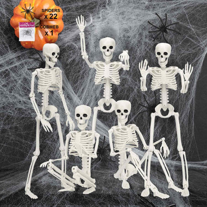 5 Pack Posable Skeleton Halloween Decorations, 16in Halloween Skeleton Decor- Full Body Movable Joints with 22 Spiders & Cobweb, Outdoor/Indoor Scary Party Graveyard Props Hanging Skeletons