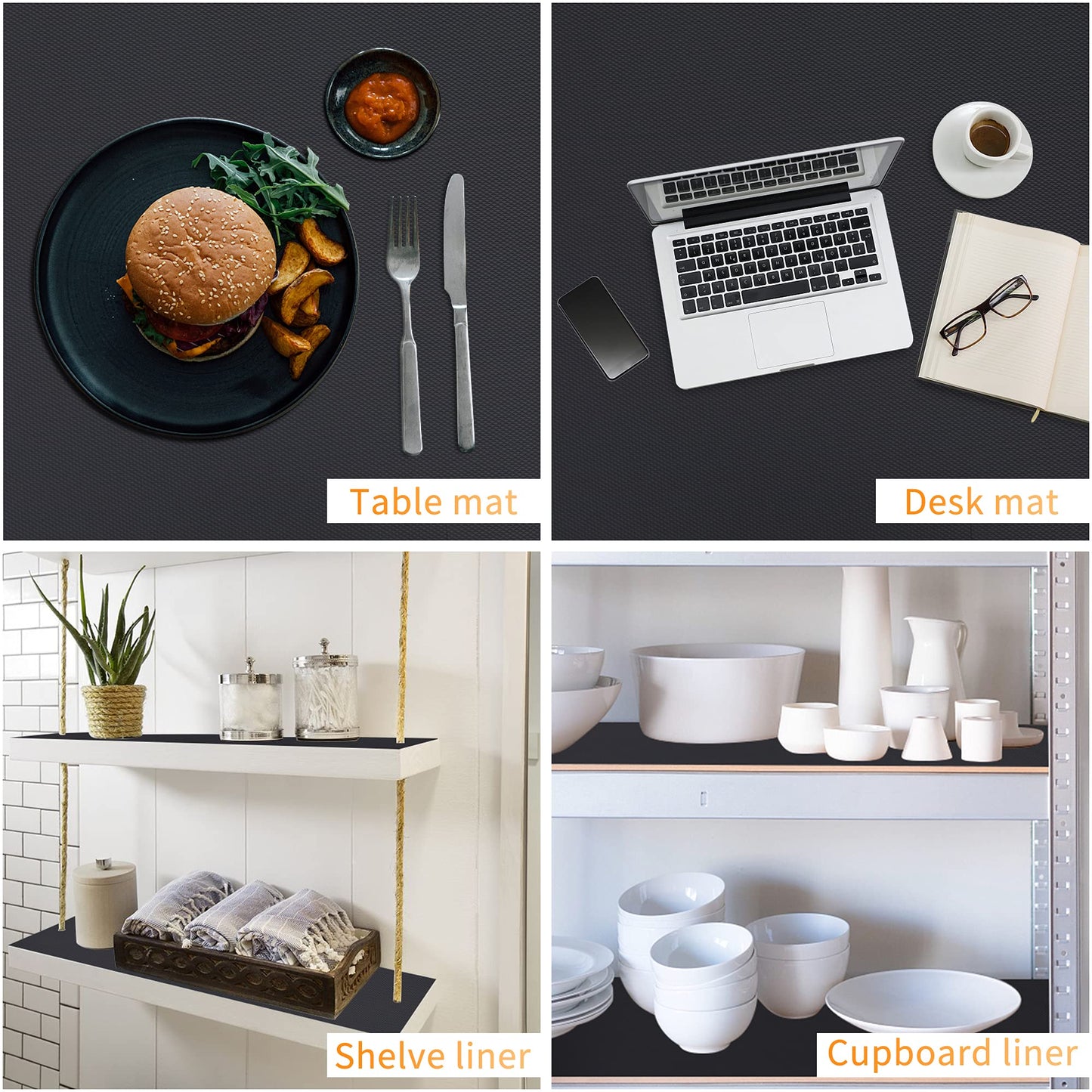 Kitchen Shelf Liner Drawer Liners, Non-Adhesive Refrigerator Liners Waterproof Fridge Mats with Strong Durable Kitchen Cabinets Mat for Drawers, Shelves, Pantry Black