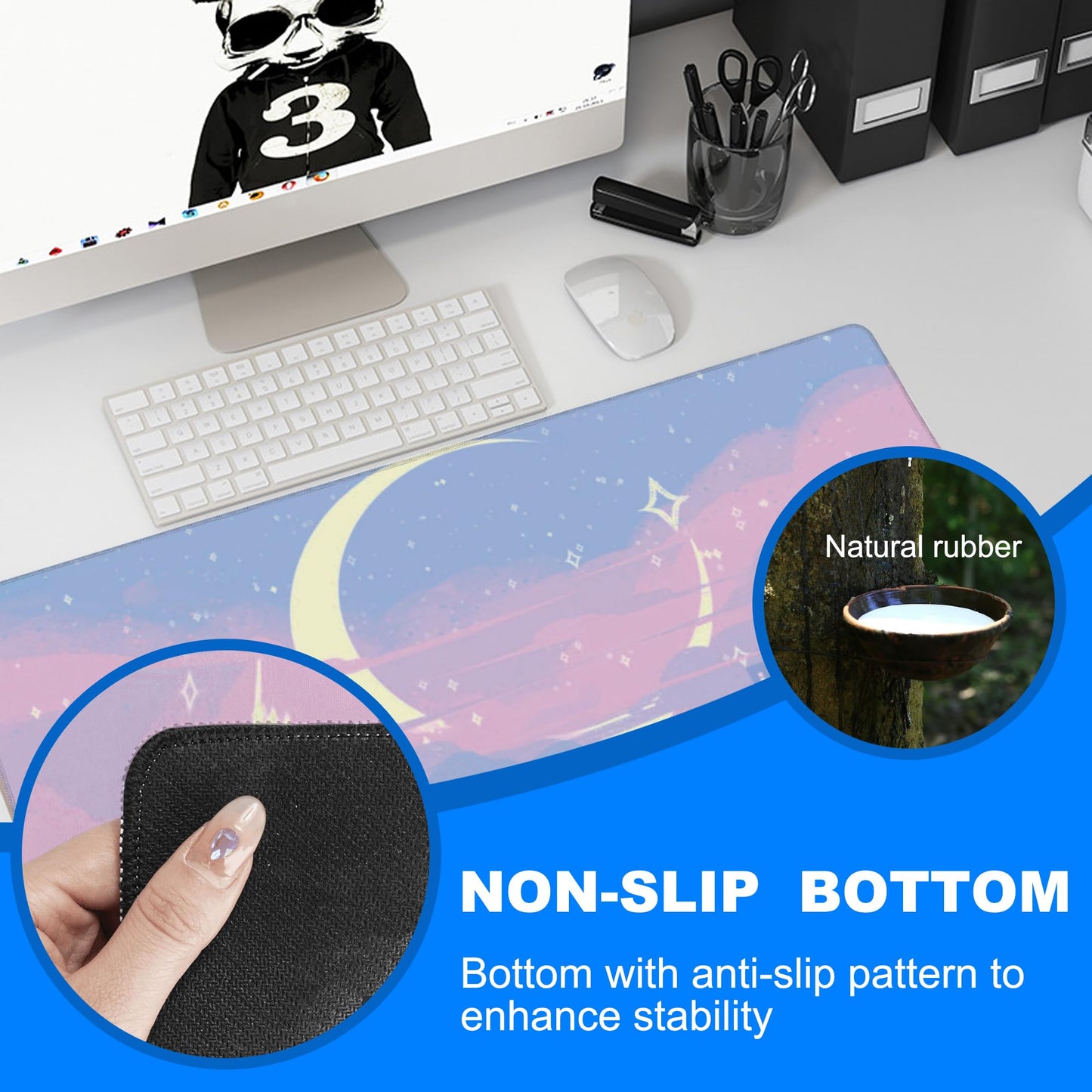 Desk Mat, Anime Moon City Night Scene Extended Gaming Mouse Pad Large, 35.4"x15.7" Big Mouse Pad with Non-Slip Base and Stitched Edge, Long Computer Keyboard Mouse Mat for Home Office Work