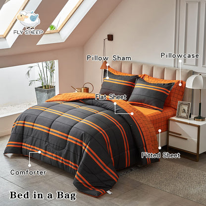 Flysheep Boho Striped Halloween Bed in a Bag 6 Pieces Twin Size, Ombre Bright Orange Stripes on Black Comforter Sheet Set (1 Comforter, 1 Flat Sheet, 1 Fitted Sheet, 2 Pillow Shams, 1 Pillowcase)