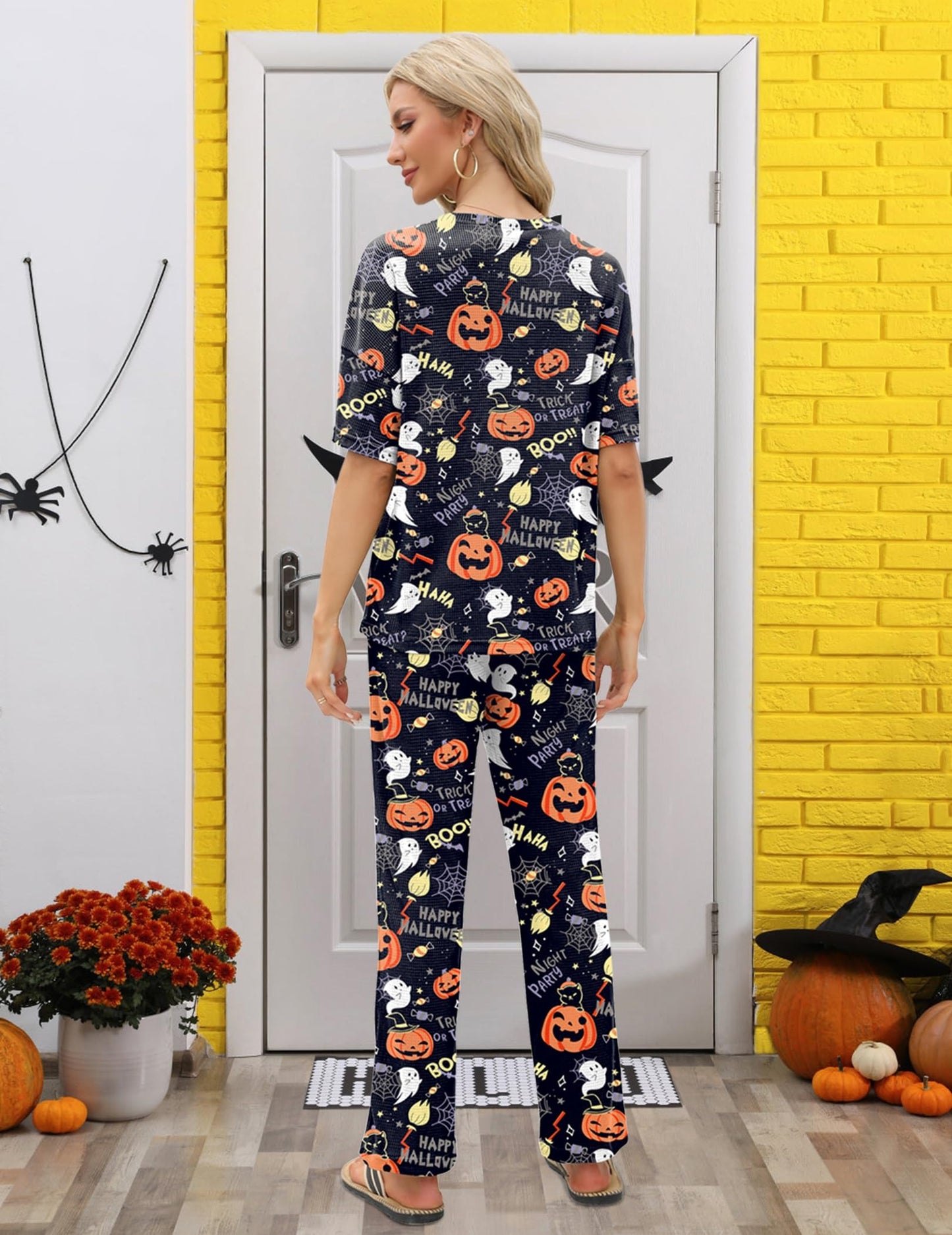 JiniGolla Women's Sleepwear Halloween Ghost Loungewear Pumpkins Pj 2 Piece Pajama Loose Lounge Set XL