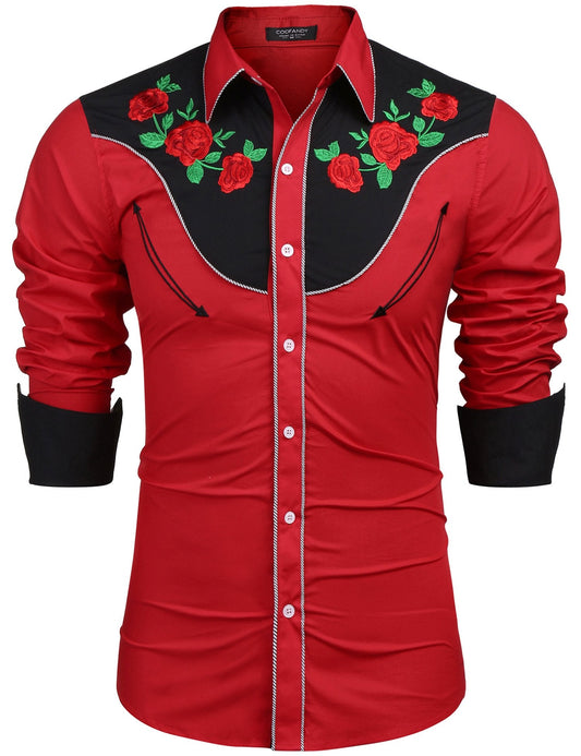 COOFANDY Men's Western Cowboy Embroidered Shirts Long Sleeve Slim Fit Cotton Casual Button Down Shirt