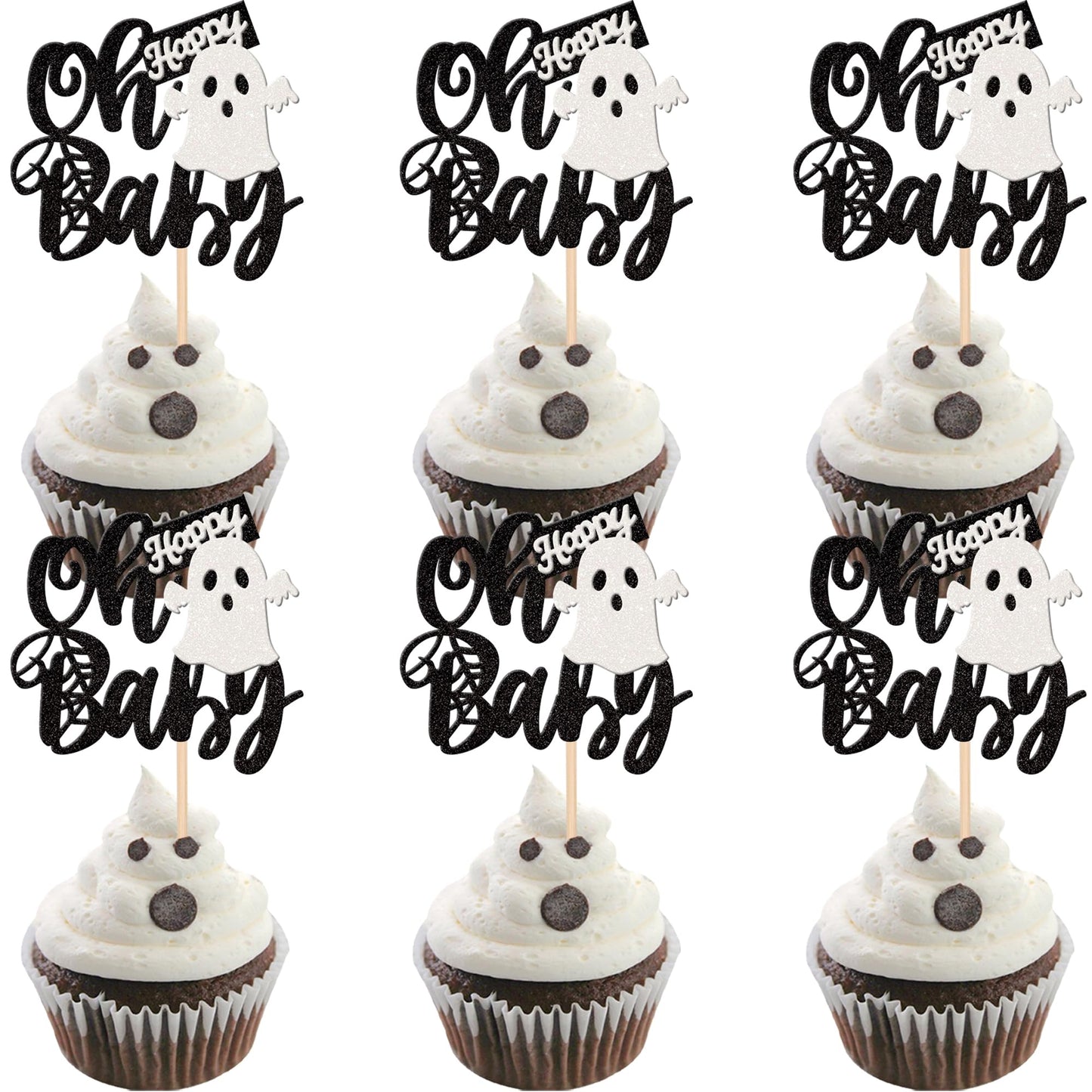24 PCS Halloween Ghost Oh Baby Cupcake Toppers Glitter Spooky Baby Shower Cupcake Picks for Halloween Theme Baby Shower Kids Birthday Party Cake Decorations Supplies
