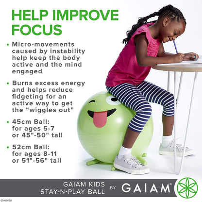 Gaiam Kids Stay-N-Play Children's Balance Ball - Flexible School Chair Active Classroom Desk Alternative Seating Built-In Stay-Put Soft Stability Legs, Includes Air Pump