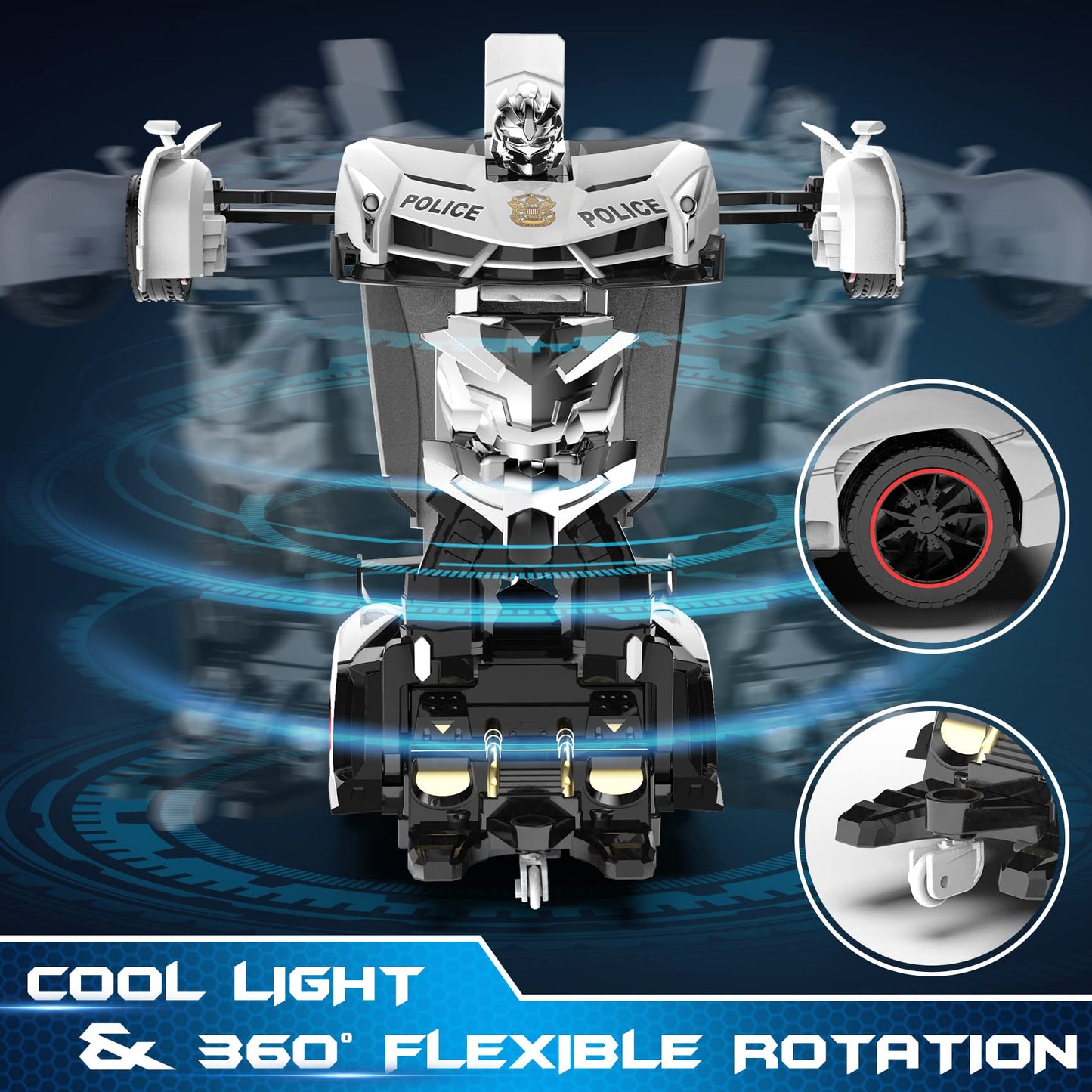 FDJ Remote Control Car - Transform Toys Car Robot, One Button Deformation to Robot with Flashing Light, 2.4Ghz 1:18 Scale Transforming Police Car Kids Toys with 360 Degree Rotating, Girls Boys Toys