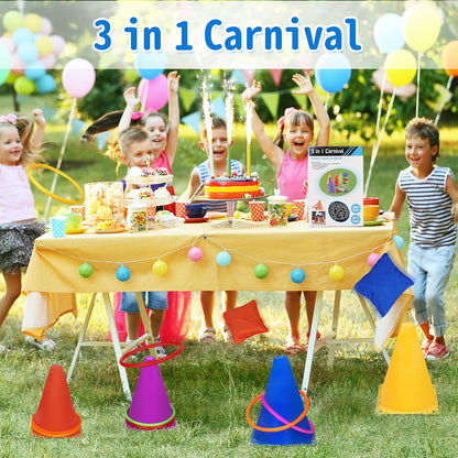 Win SPORTS 3 in 1 Carnival Outdoor,Combo Games Set,Soft Plastic Cones,Cornhole Bean Bags,Ring Toss Game,Kids Birthday Party Outdoor Games Supplies 26 Piece Set