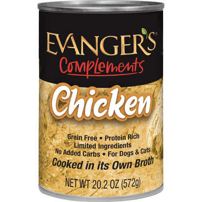 Evanger's Complements Grain Free Chicken for Dogs & Cats – 12 Count, 20.2 oz Each – Single Protein, Grain & Gluten Free, Limited Ingredients, Nutrient-Rich Broth – Wet Dog & Cat Food