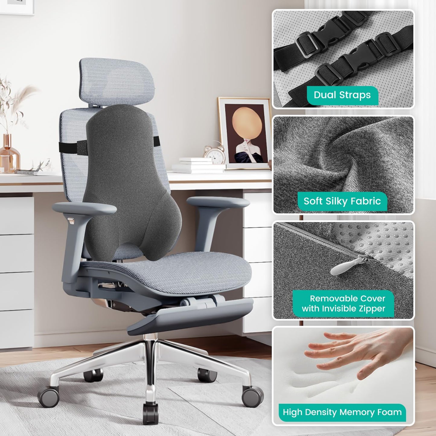 Dreamer Car High Back Support for Office Chair Fully Support Entire Back for Comfort,Pain Relief and Posture Improved- Memory Foam Lumbar Support Pillow for Office Chair,Recliner