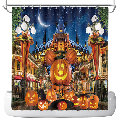 DePhoto Halloween Shower Curtain for Bathroom Kids Cartoon Pumpkin Wizard hat Moon Castle Star Street lamp Poliester Fabric Decoration Water Proof with 12Hooks 72x72inch