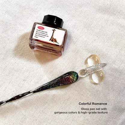 ESSSHOP Handmade Glass Dip Pen and Ink Set - 15ml Color Inks Pen Holder Cleaning Cup Ink Drip Tool Crystal Signature Ink Dipped Pen Kit for Art Writing Calligraphy Christmas Day Gifts