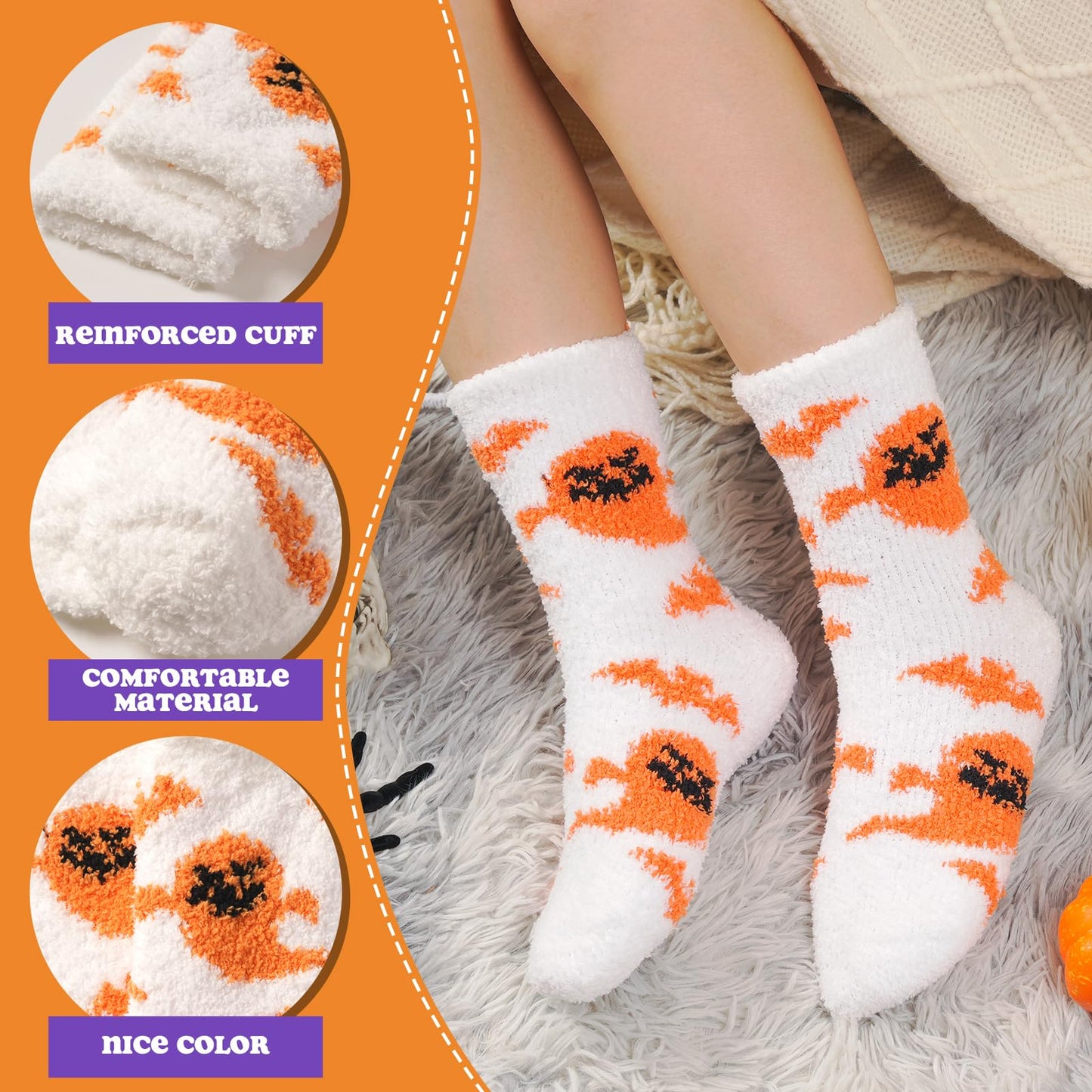 floconssy Halloween Fuzzy Socks for Women, Fall Pumpkin Gifts Slippers Socks Funny Fluffy Cozy Freaky Boo Basket Stuffers
