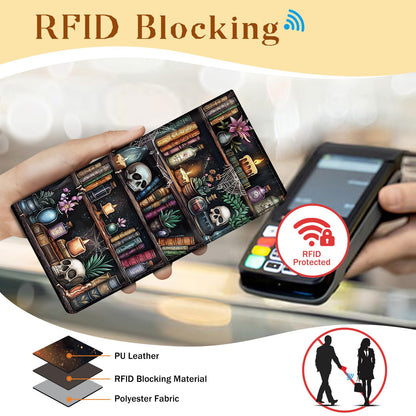 Immaturus Womens Wallet, Goth Skull Bookshelf Slim Thin RFID Blocking Credit Card Wallets, Long Bifold PU Leather Card Holder Organizer, Cash Clutch Billfold with Zipper Coin Pocket Ladies Girls Gift