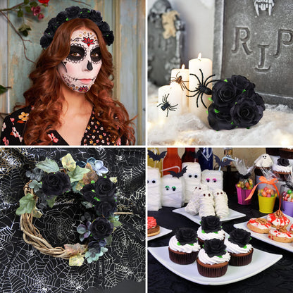 Kesoto 50pcs Black Roses Artificial Flowers Bulk, 1.6 Inch Small Silk Fake Roses Flower Heads for Decoration, Crafts, Wedding Halloween Party Home Decor