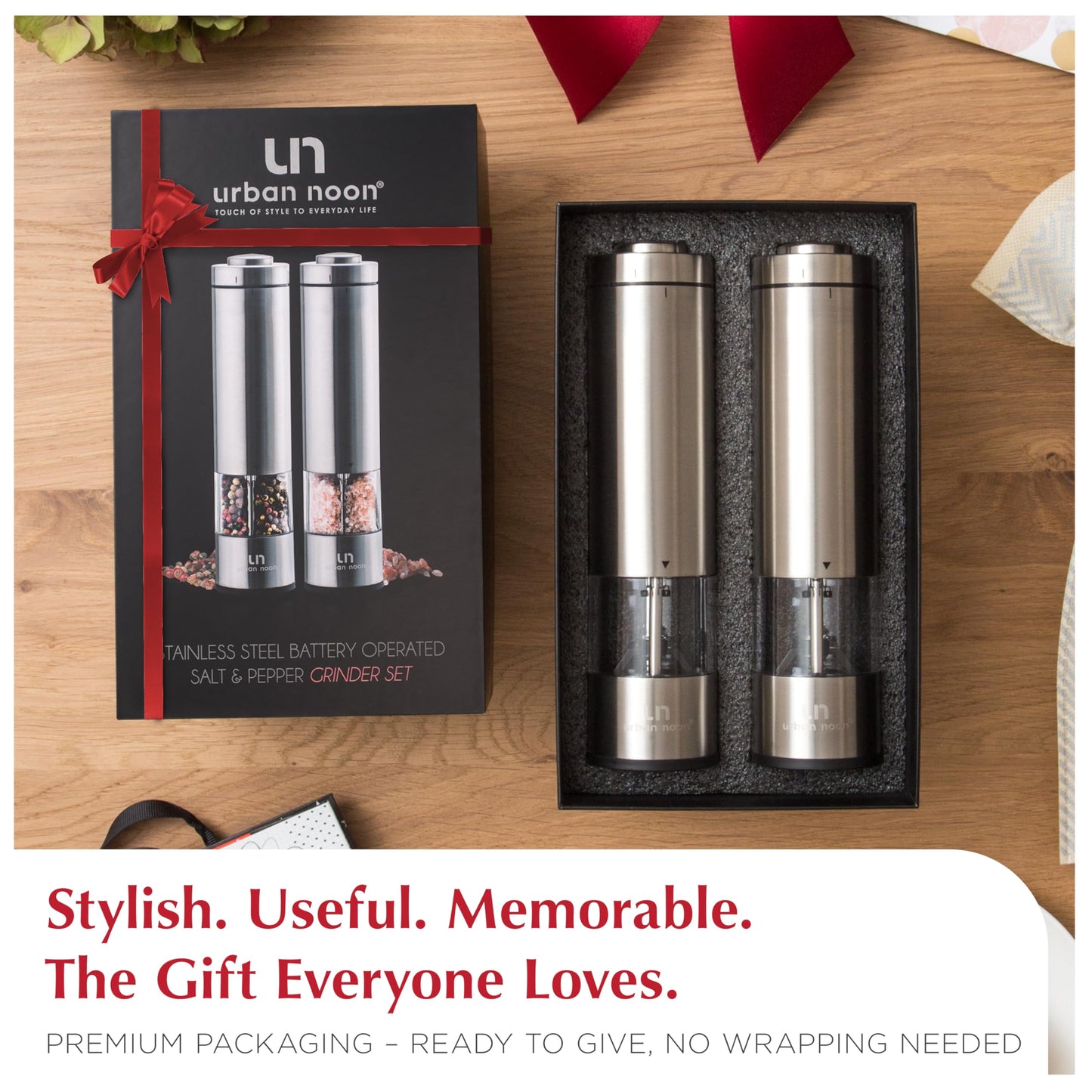 Electric Salt and Pepper Grinder Set - Battery Operated Stainless Steel Mill with Light (2 Mills) - Automatic One Handed Operation - Electronic Adjustable Shakers - Ceramic Grinders