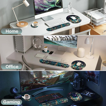 Mouse Pad with Wrist Rest Set, Qomolama 3-in-1 Wrist Support Mouse Pad Set, Floral Gaming Mousepad with Anti-Skid Base,Ergonomic Mouse Pad,Memory Foam Keyboard Gel Wrist Rest