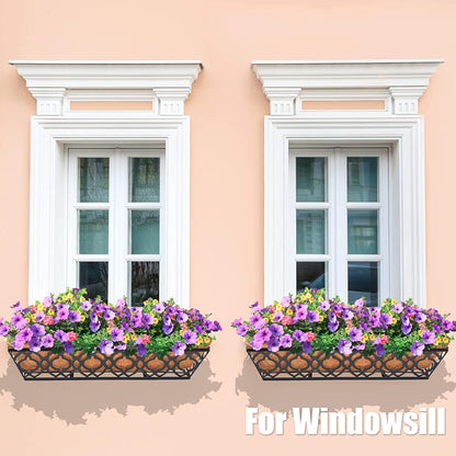 LAWYAMAI 2pcs 24 Inch Window Deck with Coco Liner, 24" Window Boxes Horse Trough with Coconut Coir Liner, Metal Hanging Flower Planter Window Basket Deck Railing Planter Boxes for Outdoor Indoor Lawn