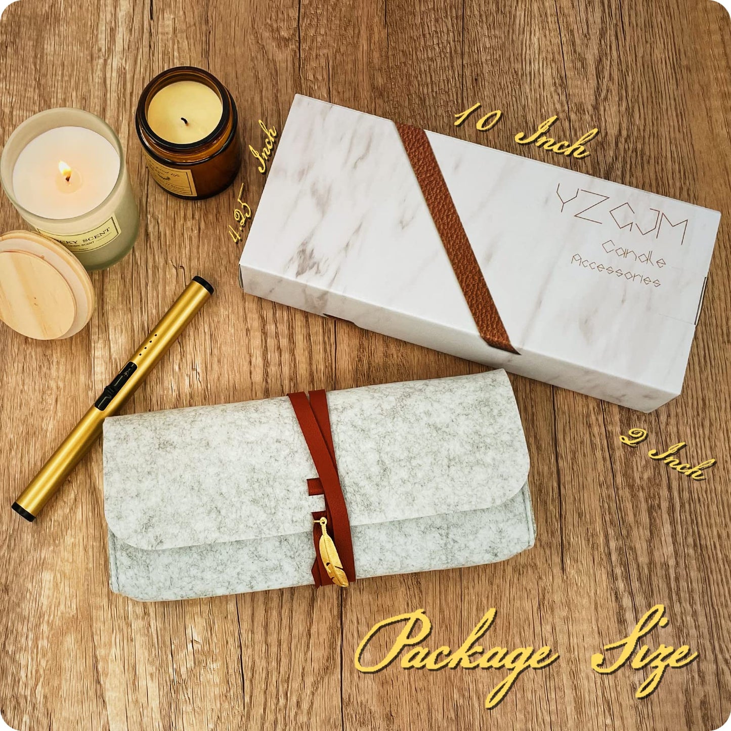 Exquisite Candle Accessories Tool Pack Bag, Rechargeable Electric Lighter， Wick Trimmer, Dipper, Snuffer and Tray Holder Elegant Kit Gift for Candle Lovers in Dating, Valentines Decor. ( Lemon Gold )