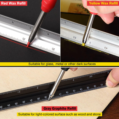 Hiboom 2 Pack Solid Carpenter Pencil with 14 Refill, Long Nosed Deep Hole Mechanical Pencil Marker with Built-in Sharpener for Carpenter Woodworking Architect with Design Patent (Black, Red)