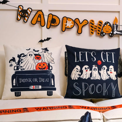 Hongsome Ghost Halloween Decor-Throw Pillow Covers 18x18 in Set of 4,Spooky Gothic Linen Pillow Case for Couch Fall Christmas Holiday Outdoor Burnt Orange Black White Decorations