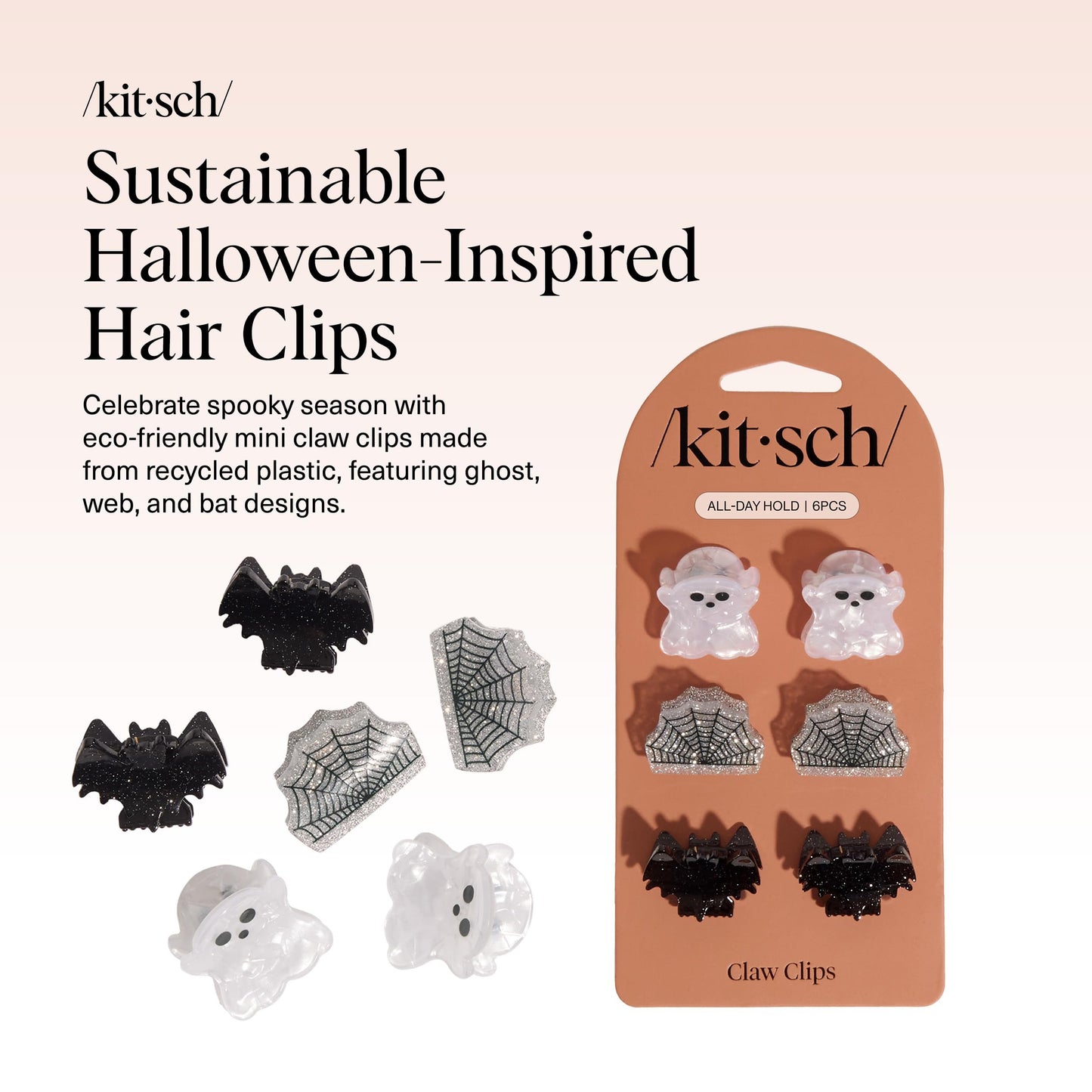 Kitsch Recycled Plastic Mini Claw Clips – Halloween Hair Clips with Ghost, Web & Bat Designs – Festive Hair Accessories & Hair Claw Styling – Small Hair Clips for Women - 6pc Set