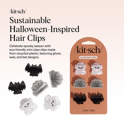 Kitsch Recycled Plastic Mini Claw Clips – Halloween Hair Clips with Ghost, Web & Bat Designs – Festive Hair Accessories & Hair Claw Styling – Small Hair Clips for Women - 6pc Set