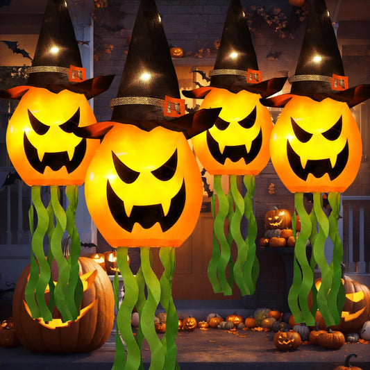 Cuorung Halloween Decorations Outdoor Decor Hanging Lighted Glowing Pumpkin Witch Hat with 3 Modes Lighted Up Scary Orange Halloween Decorations for Indoor Outside Party Yard Tree Garden (4Pcs)