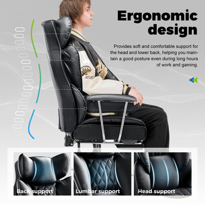 COMHOMA Big and Tall Office Chair, High Back Leather Gaming Chair with Footrest, Executive Ergonomic Office Chair with Pocket Spring Lumbar Support and with Outward Fixed Soft Armrests