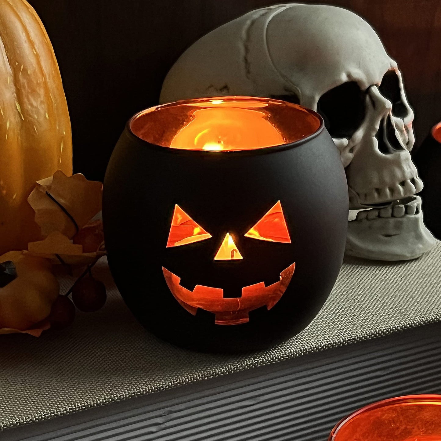 Halloween Table Decor Set of 6, Jack O Lanterns Black Glass Votive Tealight Candle Holders, Halloween Decorations Indoor Party Mantel Coffe Table Centerpiece Decor