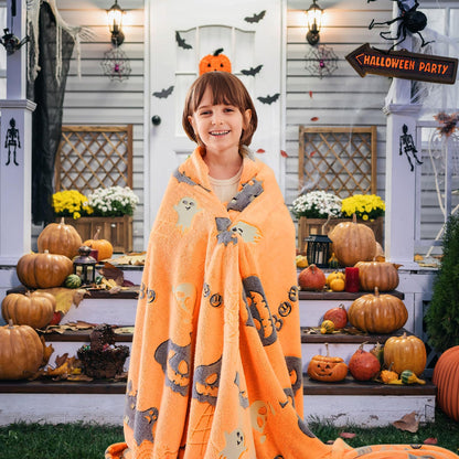 inhand Halloween Blanket Gifts Glow in The Dark Blanket and Toys for Kids Spider Webs Pumpkin Ghost Spooky Plush Soft Halloween Decorations Throw Blanket for Kids to Party Sofa Bed Living Room 50"X60"